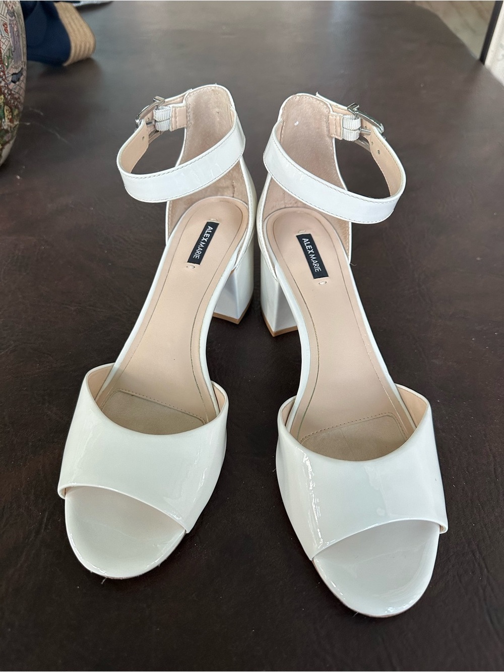 Alex Marie White Patent Ankle-Strap Block Heel Sandals